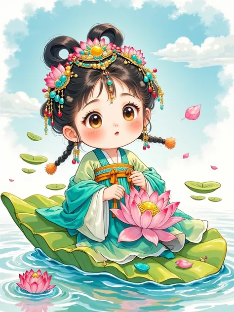 Colored pencils，fairy tales，Hand-painted feel，exquisite，a very cute ，Sitting on a lotus leaf ， blue sky and white clouds，A very cute  holding a lotus flower in his hand ，warmth， Color Bright ，Three-dimensional， HD