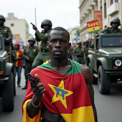  5 6- black ren without shirts , covered with Mozambican flag ,  with demonstration posters written save Mozambique ,  in the background armoured police cars and uniformed officers pointing guns at civilians