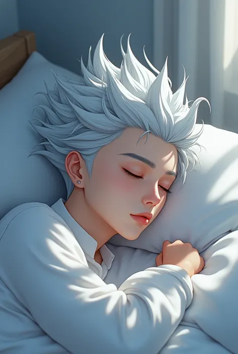  animation style ， Silver-white Fragmented Cap Hair, Silver-white eyebrows ， Blue eyes Denim eyes ，Smooth lower jaw line , Nose high Cheeks Full ，corners of mouth raised， Height 185cm Male ，Age 26 years old，Sleeping pictures