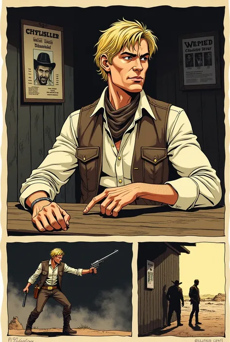 Make me a page of comics of a cowboy with short blond hair, a gold gun in his belt pocket, he has a white shirt, a scarf, a man on the flint, a brown vest, and hes sitting at a bar drinking beer, at this bar, one frame, two frames, something coming behind ...