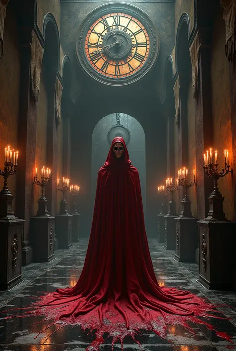  A room of dark Gothic architecture extends like a labyrinth of decay ,  its walls are covered with torn tapestries and deep red spots that look like coagulated blood.  The floor is polished black stone ,  reflecting a sick glow of crooked and worn chandel...