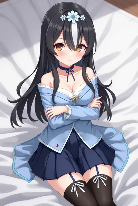 The image portrays a digital creation of a female character with anime-style features. The character is sitting on a white cloth, which is spread out on a bed. She has long black hair with white and light blue bangs, and the center of her forehead is adorn...