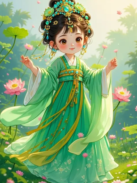 Colored pencils，fairy tales，Hand-painted feel，exquisite， Best Quality ,masterpiece,Particles,masterpiece, Best Quality ,8k, Official Art , super high resolution,from bottom to top, motion blur ,Movie, bokeh ,major,Hanfu Beauty,Neon Lotus Fairy , Dancing in...