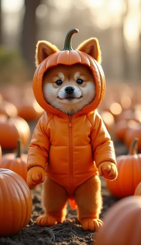 Realistic. Photorealistic. Image is vibrantly colored.
photo,Highly detailed

A cute Shiba Inu in a full-body pumpkin costume.
The costume is made of real pumpkins.
The baby Shiba Inu is wearing a pumpkin helmet and the pumpkin is cut so that the baby Shib...