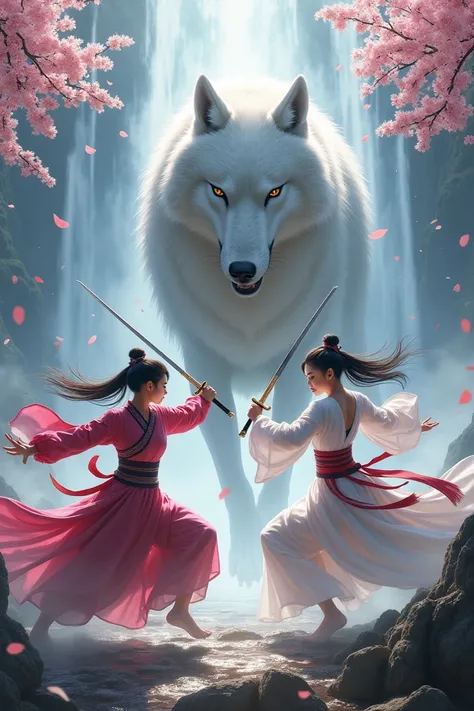 Pretty Female heroes with double sword,chinese caracter,fight with silver wolf, waterfall with misty and cherry blossom