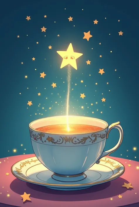  Shooting star in teacup.
Dream image , cute,  comic style .