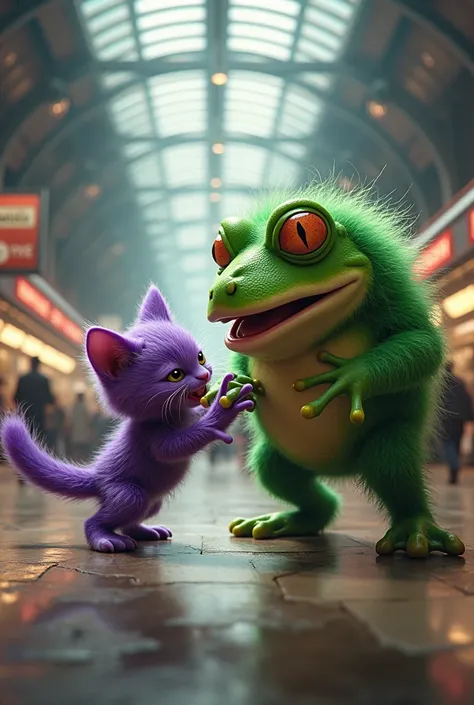 purple kitten fighting a furry green frog at a train station full of passengers 