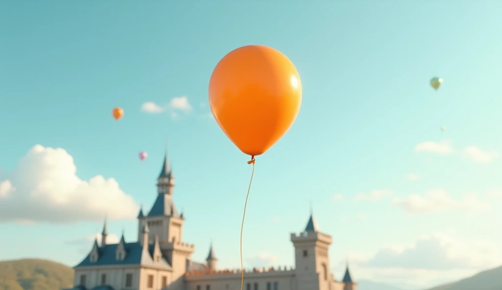 1 orange balloon is flying in the sky、You can see a castle nearby 