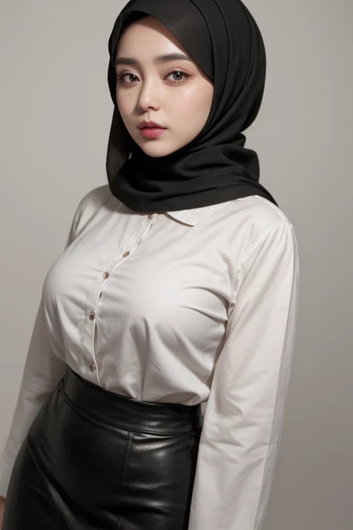 Modest Muslim woman, curvy  body, perfect face, green eyes,red lips, wearing islamic dress shirt with leather skirt on background Gradient black and orange 