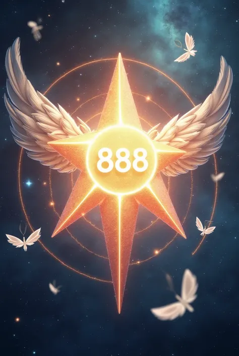 star々With a shining galaxy in the background 、 angel number wrapped in a ring of light 『888』、 white feathers floating around it and mysterious cosmic energy