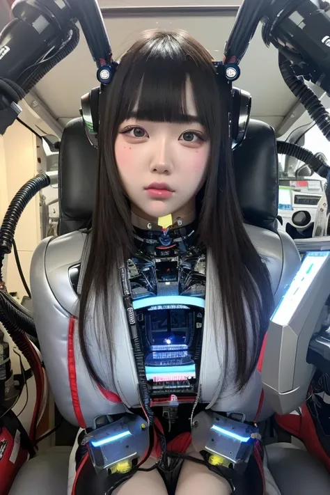 masterpiece, best quality, extremely detailed,portrait,front view,Japaese android girl,Plump, control panels,android,Droid,Mechanical Hand, Robot arms and legs,Blunt bangs,long tube,thick cable connected her neck