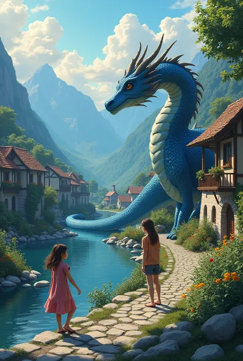  Village at the foot of the mountains . clara,  one with disheveled brown hair and glowing eyes of curiosity ,  found herself faced with what seemed to be a dream from her favorite stories :  an enormous dragon with shining scales in shades of blue and sil...