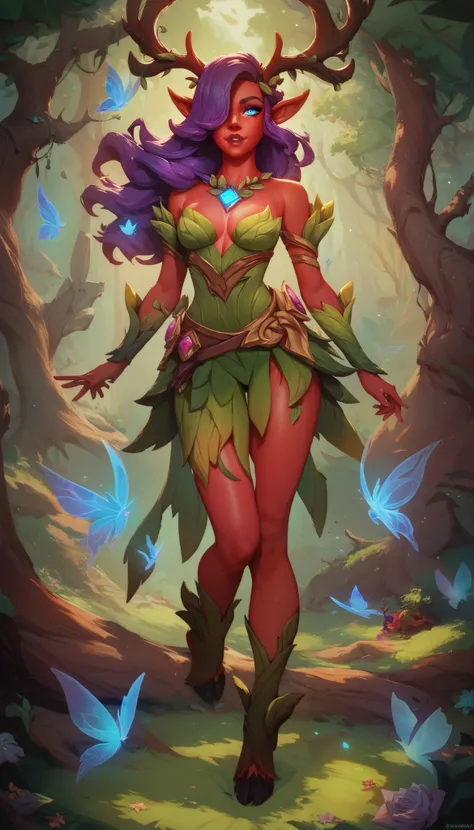 score_9, score_8_up, score_7_up, score_6_up, 1woman, purple hair, hair over one eye, blue eye, ((red skin)), paladin, dryad, tree spirit, full body, deer antlers, legwears