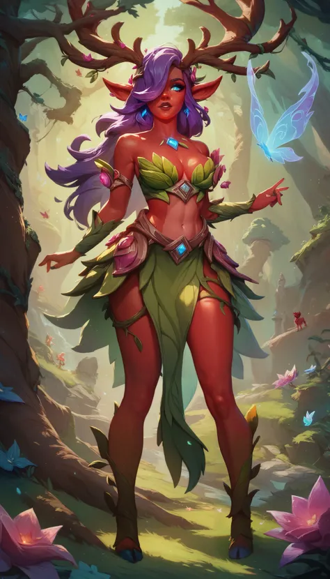 score_9, score_8_up, score_7_up, score_6_up, 1woman, purple hair, hair over one eye, blue eye, ((red skin)), paladin, dryad, tree spirit, full body, deer antlers, legwears