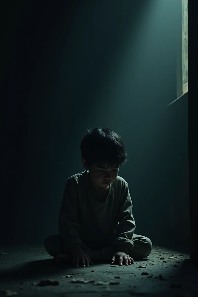 Sad boy sit in darkness full picture