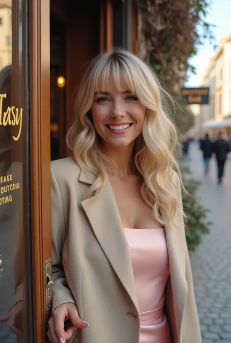 a hyper-realistic selfie POV of a beautiful blonde woman with bangs and flowing wavy hair, wearing a glamorous pastel pink satin mini dress beneath a tailored beige winter coat, smiling with excitement, her arms visible in a natural selfie pose, standing a...