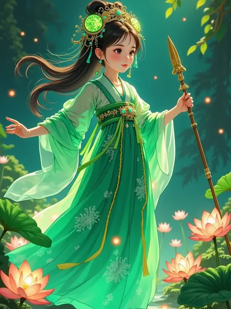 (((Extra Long Shot))), Colored pencils，fairy tales，Hand-painted feel，exquisite， Best Quality ,masterpiece, Hanfu Beauty,Neon Lotus Fairy ,  Dancing in Yulin on the Internet ， Her presence is in emerald green ,  The exquisite light and color ballet ,  Her H...