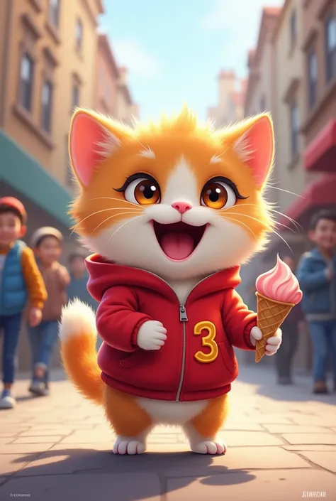 The image is a digital illustration of a small kitten wearing a red jacket with the number 3 on it. The kitten is standing on a street with a blurred background of buildings and people. It is holding an ice cream cone in its right hand and has a big smile ...