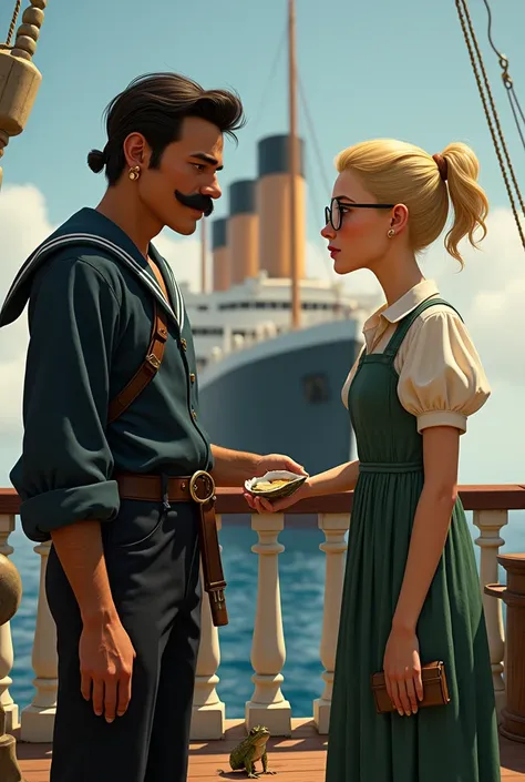 Un  marin cambodgien moustachu avec un petit anneau à l oreille et une huître dans la main et une hollandaise blonde à lunettes et un crapaud sont sur le Titanic 