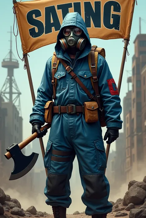 (Blu and dark blu stripes color) (a gas mask a simple) (with an axe and a crowbar) (is a banner and the name is under it survivor)