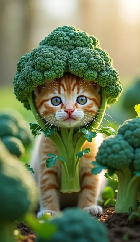 Realistic. Photorealistic. Image is vibrantly colored.
photo,Highly detailed 

ブロッコリーのwhole bodyコスチュームを着たかわいいトラ猫。
 The costume is made of real broccoli 。
 The kitten is wearing a broccoli helmet 、 broccoli is cut so you can see a kittens face 。
 The kitten...