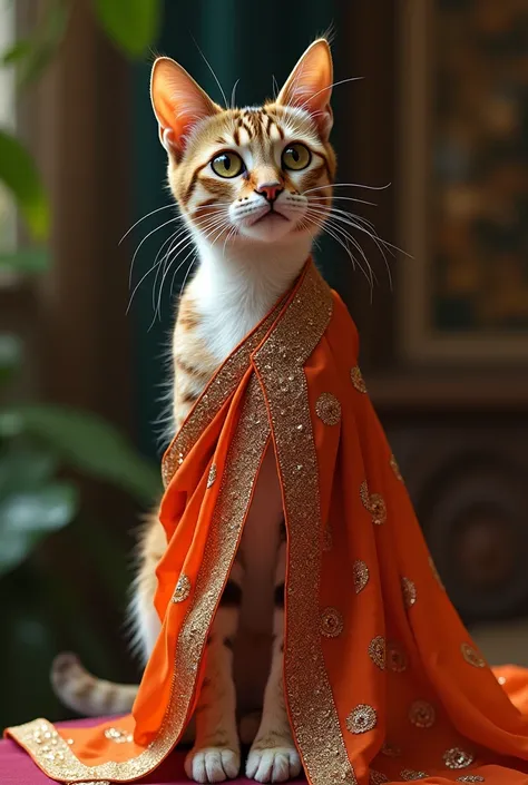 A cat wearing sari