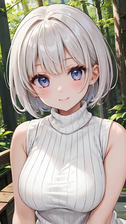 16k、  Masterpiece 、 high definition 、((1 female))、 shorthair、 very large breasts、(((Sleeveless、 turtleneck 、 White Summer Sweater)))、 smiling gently 、 cute pose 、Very close、Forest Park