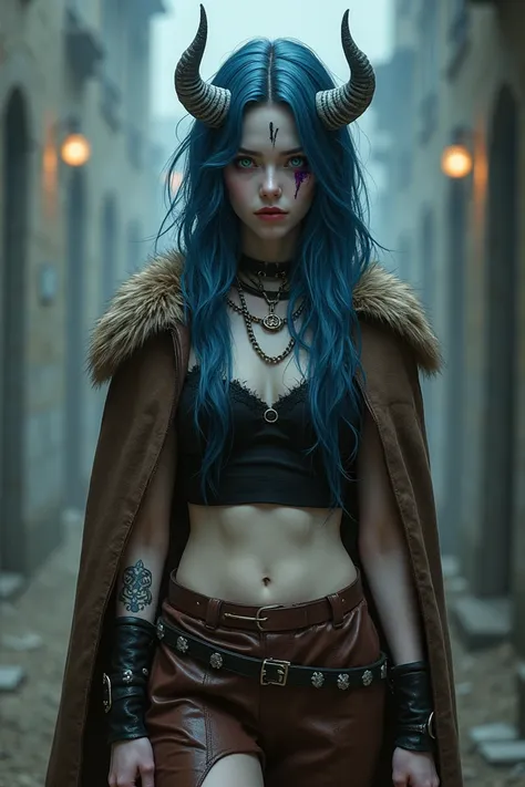 A 17-year-old girl with white skin and black scars on her arms and on her right eye. She has two white horns protruding from her forehead and long, flowing blue hair and one blue and one purple eye. Her attire is that of a rogue—basic yet stylish, blending...