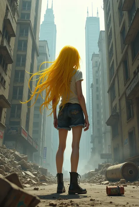 A girl with yellow hair in a desolate city. 
