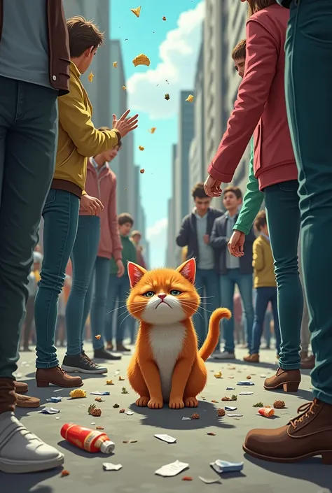 People on the street throw trash at the crying cat