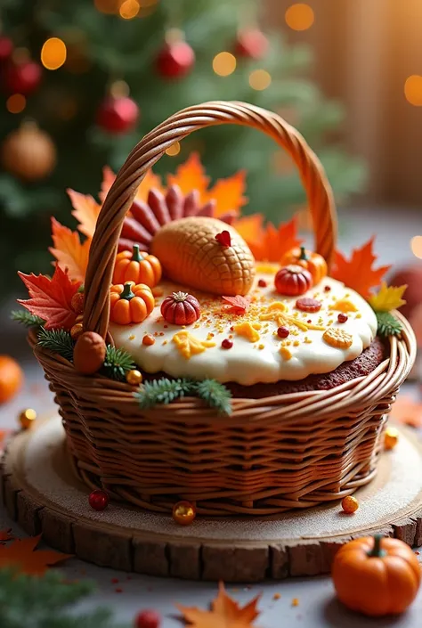 A cake , appetizing, cujo tema é Thanksgiving. With elements modeled to remind of Thanksgiving. Create a Christmas basket with a turkey  