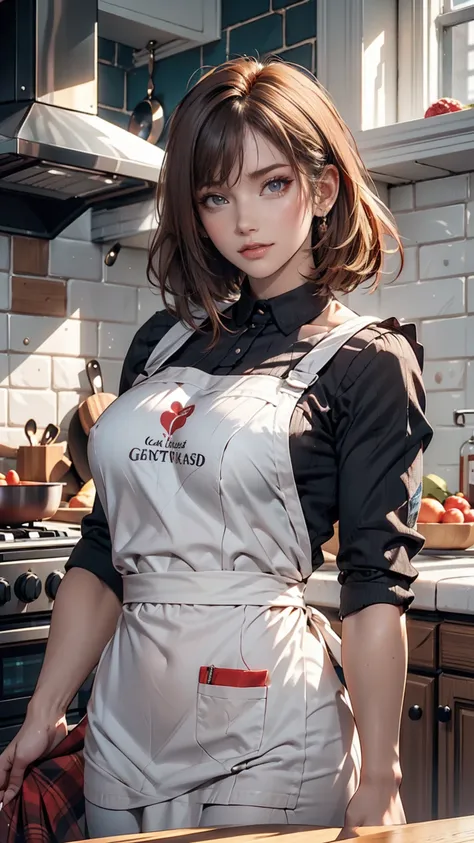  close-up portrait of a girl, Classic Bob, apron,  Amazing body  ,  feminine features pronounced , Big Breasts, kitchen, [Ash Blonde | ginger | Pink Hair], Freckles, glancing at the camera