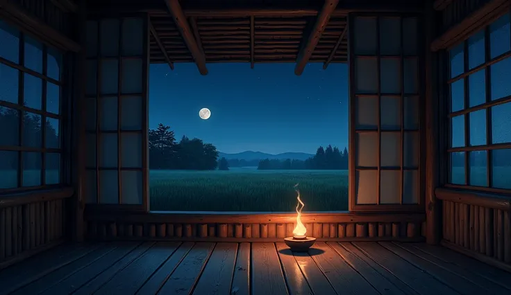  inside the bamboo house in the countryside ,  with window overlooking the field ,  with oil lamp lit ,  sky with moon and many sparkling stars , very dark ,  night view 