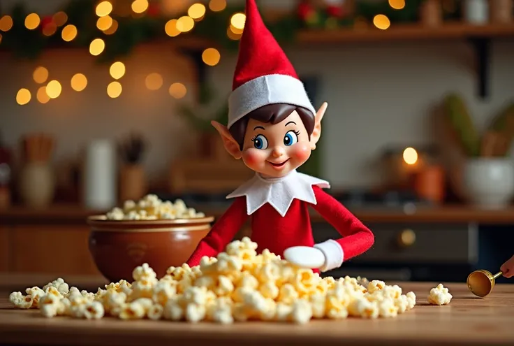 ((masterpiece)) ((photography)) ((Highest quality)) A mischievous Christmas elf in a cozy kitchen setting. The elf is leaning over a pile of uncooked corn kernels, creating the illusion that he is "pooping" popcorn into a festive bowl behind him. The scene...