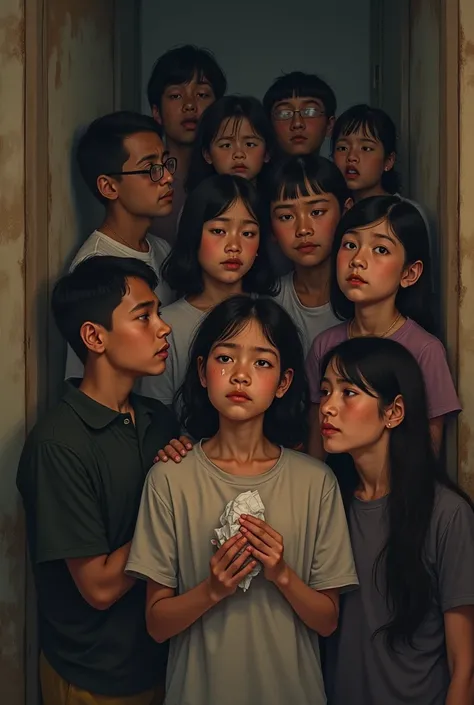 A family photo of 11 people are crying inside the house
