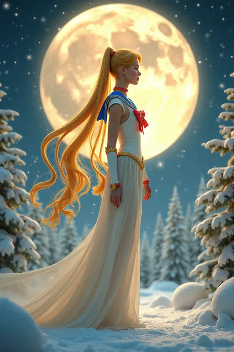  Sailor Moon,  Yellow Long Hair , pigtails,  Christmas , winter, big moon, winter,  slim, glitter,  beautiful jewels ,  beautiful woman , Alphonse Mucha,  gorgeous, Sailor Sensi uniform ,  blue sailor collar, 3d,  Surreal Photos , Natural light,  Very Dram...