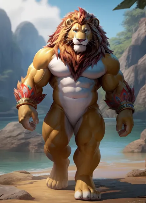 full body,((Leongar (Kirby and the Forgotten Land),lion,male furry,orange manes,yellow body)),muscular, (pose:1.3), (posing:1.3), (soft shading), 4k, hi res, five fingers, detailed hands, ((detailed face, (detailed eyes:1.3), detailed)), (((full body))),sh...