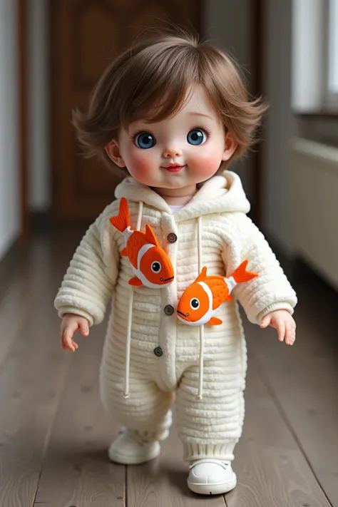  baby, ,  white skin , Brown Hair,  blue eyes, Fish costumes are coming,   best quality, 8k, photograph的写実性, Warm colors,  super detailed.Super smile、Walking down the hallway、 real like the real thing、photograph、 looking at the camera