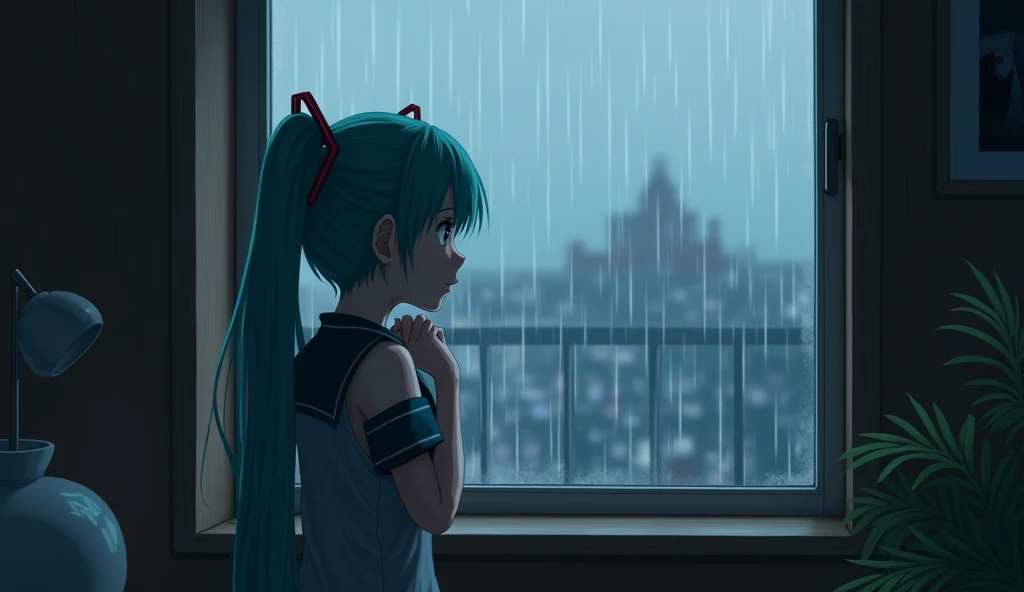 Hatsune Miku looks at the window in the rain and thinks