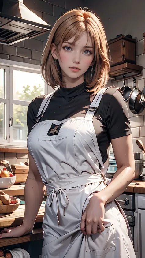  close-up portrait of a girl, Classic Bob, apron,  Amazing body  ,  feminine features pronounced , Big Breasts, kitchen, [Ash Blonde | ginger | Pink Hair], Freckles, glancing at the camera