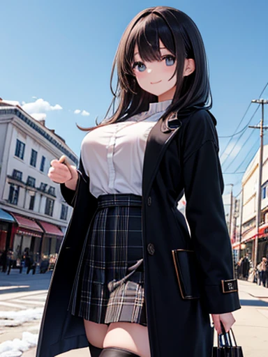  1 girl , (8k、 best quality、  Masterpiece :1.2)、( realistic 、フォト realistic :1.2)、Holiday Afternoon、 Fun Shopping 、Beautiful sky、 staring at the viewer 、 has a messy smile、Big Breasts、delicate beautiful eyes、 black hair、Medium-length hair、 Winter Date Fashi...