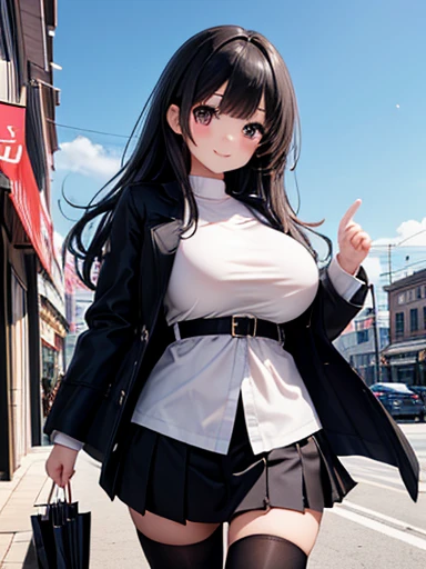  1 girl , (8k、 best quality、  Masterpiece :1.2)、( realistic 、フォト realistic :1.2)、Holiday Afternoon、 Fun Shopping 、Beautiful sky、 staring at the viewer 、 has a messy smile、Big Breasts、delicate beautiful eyes、 black hair、Medium-length hair、 Winter Date Fashi...