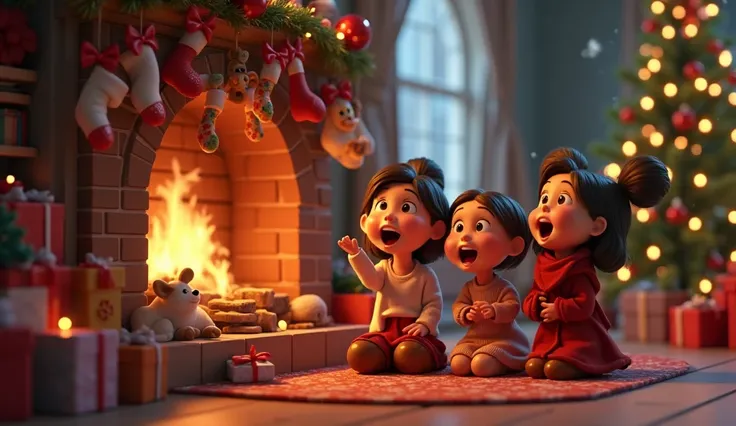  A warm Disney 3D scene showing a family gathered around a burning fireplace . They sing together ,  with an environment filled with colorful gifts scattered on the floor and socks Chains hanging on the fireplace.  The Christmas tree shines brightly in the...