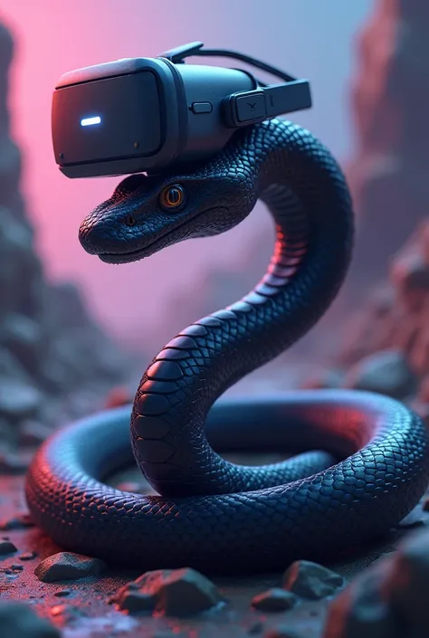 A black Snake with a quest 2 headset on