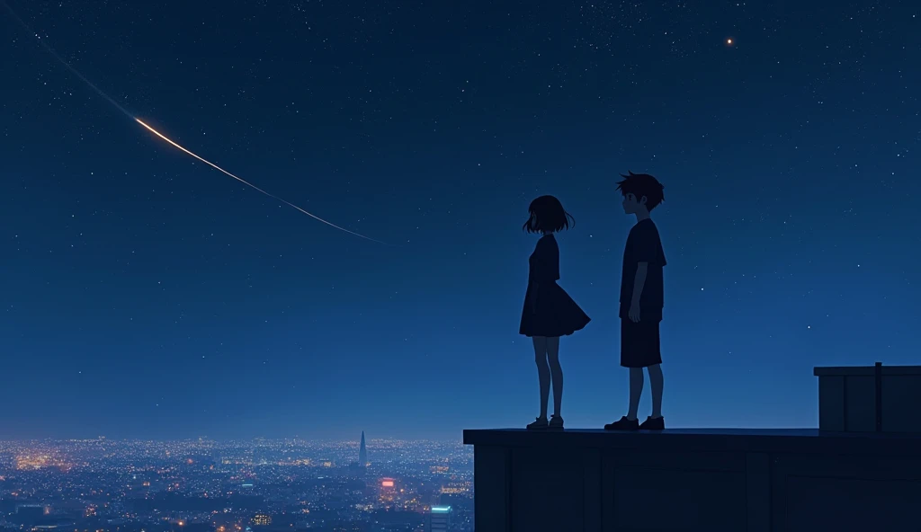 Under the Stars, a boy and a girl , Standing on the edge of the roof of a high-rise building with sadness, The sky is clear at night, the stars  。  The background is a starry sky，The two face the camera ,  and neither of them are showing their faces 。  The...