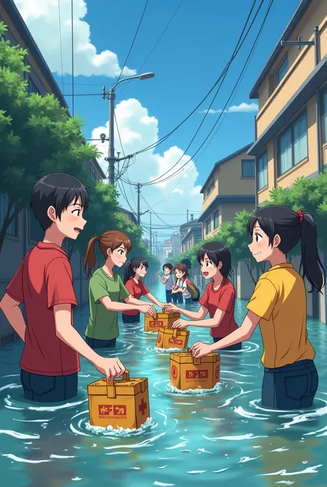 People hand out life bags to each other in flood situation. Anime style