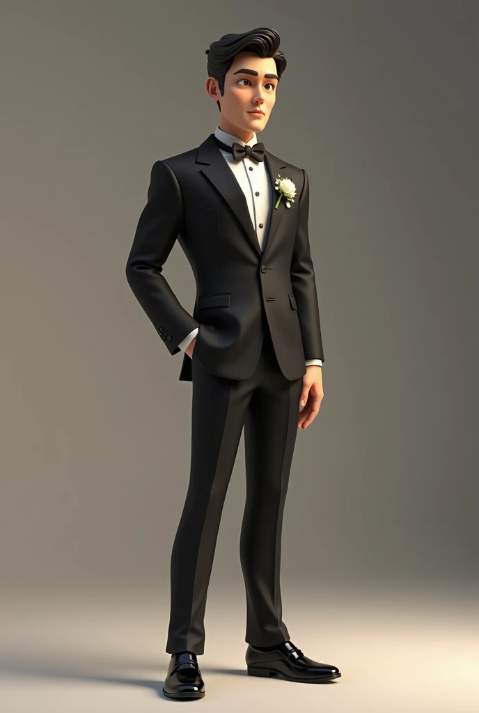 Create animated 3D marriage image mens sturdy wedding clothes pretty medium height brown eyes black hair elegant black shoes standing sideways 