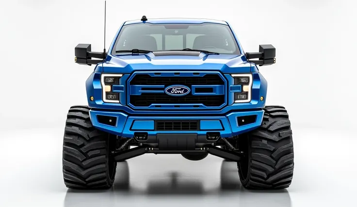 Here’s the revised prompt with emphasis on the full front view in close-up within a showroom setting:

"A heavily modified Ford pickup truck, painted in vibrant blue, converted into a tank with massive tracks instead of wheels. The truck retains its classi...