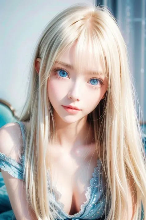  extraordinary sexy beauty、 Beautiful calm and bright expression 、 sexy and fresh look 、 perfect beautiful cute face with long bangs hanging over a beautiful face、 super long shiny platinum blonde silky straight hair 、beautiful platinum blonde 、 very brigh...