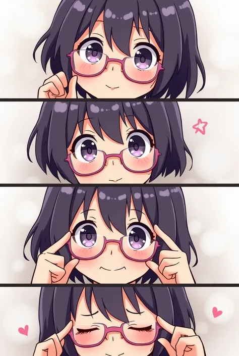 4-panel, anime, flushed, japanese shy older woman in love, cute, dark hair that is colored purple and dark purple, small-medium eyes, thats between short and long, looking at you lovingly with a smile, hip hop outfit, average length hair, sharp glasses, he...